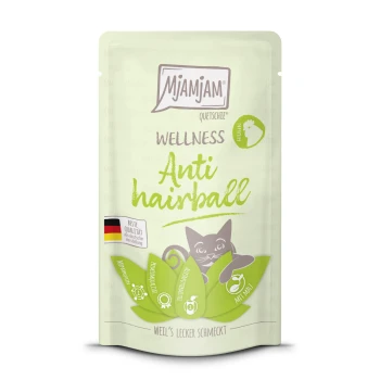 Mjamjam Anti-Haarball Katzenfutterbeutel mit einem verspielten Katzenmotiv, grünem Farbschema und Text, der die Wellness-Vorteile hervorhebt.