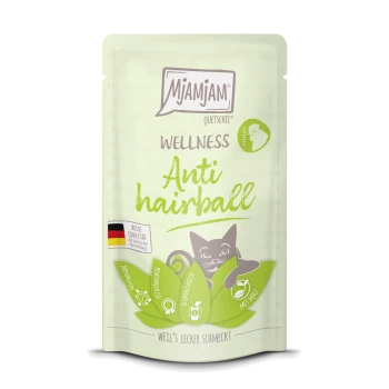 Mjamjam Anti Haarbal kattenvoer zakje, met een speelse kattenafbeelding, groene kleurenschema en tekst die de gezondheidsvoordelen benadrukt.