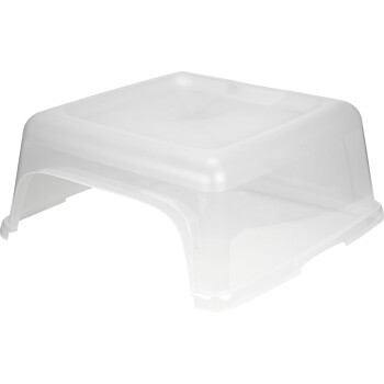 Abri pour animaux de compagnie en plastique transparent avec un dessus carré et des côtés ouverts, conçu pour les petits animaux afin de fournir de l'ombre et de la protection.
