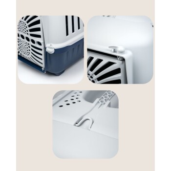 Nahaufnahmen eines Haustierträgers, die seine Belüftungsöffnungen, Verriegelungsmechanismen und robustes Design in Grau und Marineblau zeigen.