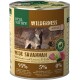 Blik hondenvoer "Real Nature Wilderness Adult" met een afbeelding van een wolf, met 95% wild zwijn, lam, eend; 5% fruit, kruiden; graanvrij.
