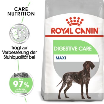 Royal Canin Digestive Care Hundefutterbeutel mit einer Silhouette eines braunen Hundes, mit Text, der Vorteile zur Verbesserung der Stuhlqualität hervorhebt.