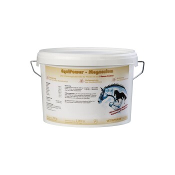 Behälter mit EquiPower Magnesium für Pferde, mit einer Pferdeillustration und Text, der Dosierung und Vorteile für das Wohlbefinden beschreibt.