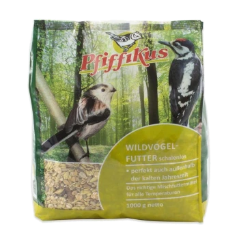 Pfiffikus Wildvogelfuttersack mit Vogelillustrationen, durchsichtigem Samenfenster und sichtbarem Text 'WILDVOGEL-FUTTER, 1000 g netto'.