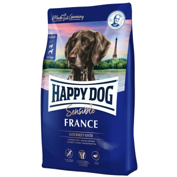 Happy Dog Sensible France Hundefuttertüte mit einem braunen Hund auf der Vorderseite, beschriftet mit "Gourmet Ente" und einem Gewicht von 11 kg+.