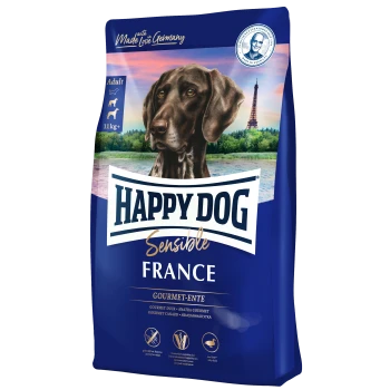 Happy Dog Sensible France Hundefuttertüte mit einem braunen Hund auf der Vorderseite, beschriftet mit "Gourmet Ente" und einem Gewicht von 11 kg+.