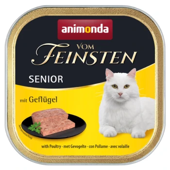 Katze Futterdose mit Geflügel, beschriftet "animonda vom Feinsten Senior," mit einer weißen Katze und einem Stück Fleisch auf einem Teller.