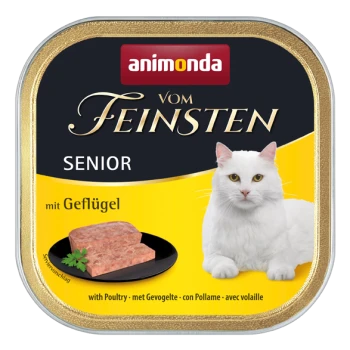 Katze Futterdose mit Geflügel, beschriftet "animonda vom Feinsten Senior," mit einer weißen Katze und einem Stück Fleisch auf einem Teller.