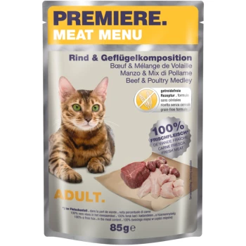 Meat Menu Adult Rind und Geflügelkomposition 12x85 g Verpackung für Katzenfutter mit einer Bengal-Katze, beschriftet "Premiere Meat Menu", mit den Angaben "Rind & Geflügel-Mischung" und "100% Frisches Fleisch".