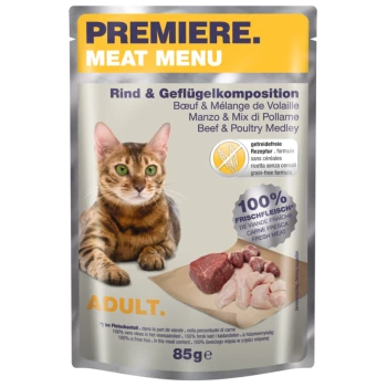 Verpackung für Katzenfutter mit einer Bengal-Katze, beschriftet "Premiere Meat Menu", mit den Angaben "Rind & Geflügel-Mischung" und "100% Frisches Fleisch".