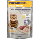 Verpackung für Katzenfutter mit einer Bengal-Katze, beschriftet "Premiere Meat Menu", mit den Angaben "Rind & Geflügel-Mischung" und "100% Frisches Fleisch".