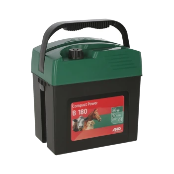 Eine kompakte Power-Batterie mit der Bezeichnung "B 180" mit Bildern einer Kuh, eines Pferdes und eines Hundes, mit einem grünen Deckel und schwarzem Gehäuse.