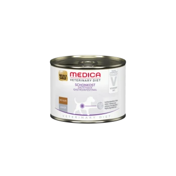 Dosenfutter für Hunde mit der Aufschrift "Select Gold Medica Veterinary Diet", mit "Schonkost Diététique Gastrointestinal" und "Mit Pute Junior."