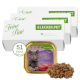 Drei weiße Schachteln mit der Aufschrift "Feine Paté" und "LECKER.PET" neben einer 100g "Emily's Feine Paté" mit einer grauen Katze und Rindfleischpaté.