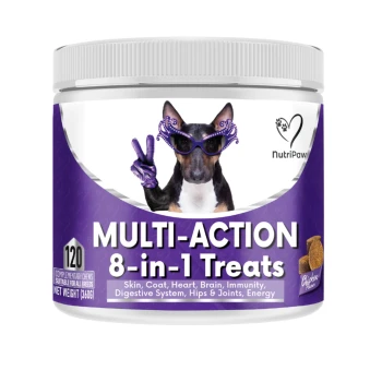 NutriPaw Multi-Action 8-in-1 Treats for dogs, 120 chews, supports skin, coat, heart, brain, immunity, digestion, hips, joints, energy.