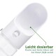 Weißer Haustier-Wasserspender mit einer Dosierkontrollknopf, mit dem Text "Leicht dosierbar" und Anweisungen auf Deutsch.