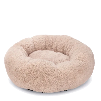 Ein plüschiges, rundes Haustierbett in sanftem Beigeton, mit einer flauschigen, gemütlichen Oberfläche und einem kreisförmigen Design für Komfort.