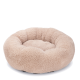 Ein plüschiges, rundes Haustierbett in sanftem Beigeton, mit einer flauschigen, gemütlichen Oberfläche und einem kreisförmigen Design für Komfort.