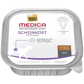 Select Gold Medica Veterinary Diet Schonkost pâté für Katzen, 100g, gekennzeichnet als diätetisches Vollfutter mit Truthahn.