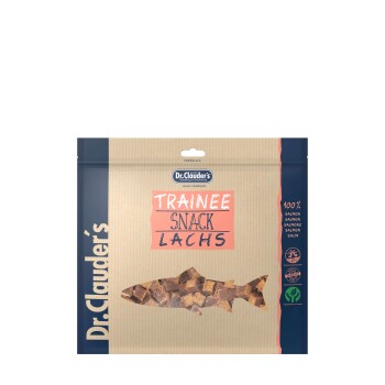 Dr. Clauder's Trainee Snack Lachs Verpackung, mit Lachs-Leckerlis für Haustiere, mit den Aufschriften "100% Lachs" und "Seit 1957".