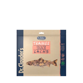Dr. Clauder's Trainee Snack Lachs Verpackung, mit Lachs-Leckerlis für Haustiere, mit den Aufschriften "100% Lachs" und "Seit 1957".
