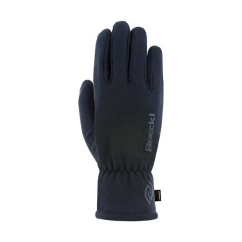 Ein einzelner schwarzer Handschuh mit enger Passform, mit dem Logo "Roeckl" an der Seite, entworfen für Wärme und Komfort.