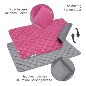 Umkehrbare Tiermatte mit weichem rosa Fleece auf der einen Seite und grauem gestepptem Stoff auf der anderen, beschriftet mit "Doctor Bark."