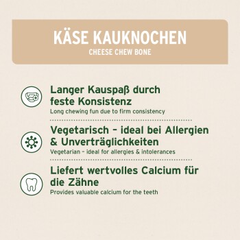 Käse-Kauspielzeug für Hunde unter 10 kg, 100% Kuhmilch, unterstützt die Zahnpflege, allergenfreundlich, mit Nährwertangaben.