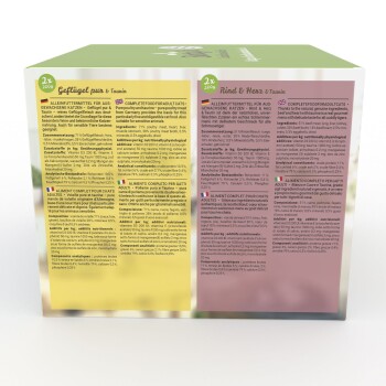 Tierfutterverpackung, die Geschmäcker "Geflügel" und "Rind & Herz" zeigt, mit mehrsprachigen Nährwertinformationen.