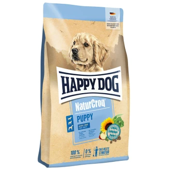Eine Tüte Happy Dog NaturCroq Welpenfutter mit einem Golden Retriever Welpen, beschriftet mit "100% natürlich" und "Made in Germany."