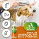 Nasser Hund wird unter einer Dusche abgespült, daneben eine Flasche Baviette Hundeshampoo und der Text 'Einfache Anwendung für beste Ergebnisse'.