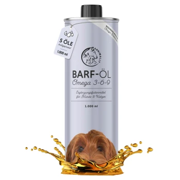Flasche BARF-ÖL Omega 3-6-9 für Hunde und Katzen, mit dem Gesicht eines Hundes und einem Ölspritzer, beschriftet mit 1.000 ml.