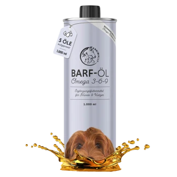Flasche BARF-ÖL Omega 3-6-9 für Hunde und Katzen, mit dem Gesicht eines Hundes und einem Ölspritzer, beschriftet mit 1.000 ml.