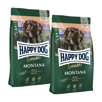 Deux sacs de nourriture pour chiens adultes Happy Dog Sensible Montana saveur cheval, 11kg+, fabriqués en Allemagne.