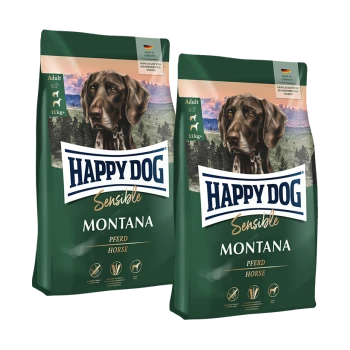 Deux sacs de nourriture pour chiens adultes Happy Dog Sensible Montana saveur cheval, 11kg+, fabriqués en Allemagne.