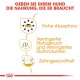 Infografik, die die Vorteile von Hundefutter bewirbt: hohe Akzeptanz, reduzierte Stuhlgeruch und -volumen sowie Zahngesundheit. Text auf Deutsch.