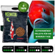 Eine Tüte KENKOU Koi-Futter mit 6 mm schwimmenden Pellets, mit einem Koi-Bild, "Jumbo" in Rot und vier grünen Kreisen für Vorteile.