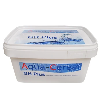 Weißer Behälter mit der Aufschrift 'Aqua-Cereal GH Plus' mit blauen Wasser-Grafiken, der ein Produkt zur Verbesserung der Wasserhärte anzeigt.