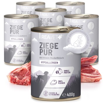 Dosen von REAVET ZIEGE PUR hypoallergenem Hundefutter mit 100 % Ziegenmuskelfleisch, Einzelprotein, getreide- und zuckerfrei, 400g.