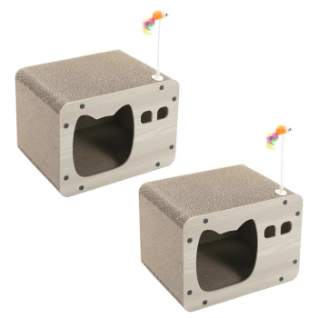 2 Stücke Kratzbrett für Katzen Zwei Kratzboxen für Katzen mit einem gemütlichen Eingang, mit einem verspielten Feder-Spielzeug auf einer Feder, in einem hellen Holzfinish.