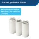 Drei weiße Wasserfilter mit einem Gitterdesign, beschriftet für frisches gefiltertes Wasser und Aktivkohle zur Bakterien- und Geruchsentfernung.