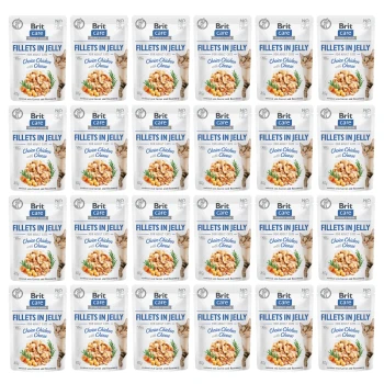 Paczki Brit Care Fillets w galaretce dla dorosłych kotów, z wyborem kurczaka z serem, ułożone w wzór siatki.