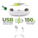Weißes interaktives Katzenspielzeug mit grünem Ball und Feder, USB-Kabel; Text: 'USB' und '150 Min. Spielzeit'.