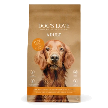 Verpackung von Dog's Love Adult Hundefutter, mit einem braunen Sack und einem Bild eines Hundes, beschriftet mit 'Pute' (Truthahn) und '12 kg.'