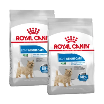 Deux sacs de nourriture pour chiens Royal Canin Light Weight Care pour les mini races, présentant un petit chien sur l'emballage et des affirmations d'aide à limiter la prise de poids.