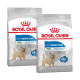 Deux sacs de nourriture pour chiens Royal Canin Light Weight Care pour les mini races, présentant un petit chien sur l'emballage et des affirmations d'aide à limiter la prise de poids.
