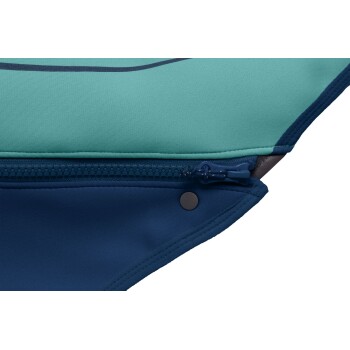 Nahaufnahme eines Haustierbettes mit einem türkisfarbenen und marineblauen Farbschema, mit einem sichtbaren Reißverschluss und einem Druckknopfdetail.