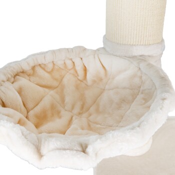 Weiches, plüschiges Katzenbett in runder Form mit einem gemütlichen, beigen Innenraum, entworfen für Komfort und Entspannung.