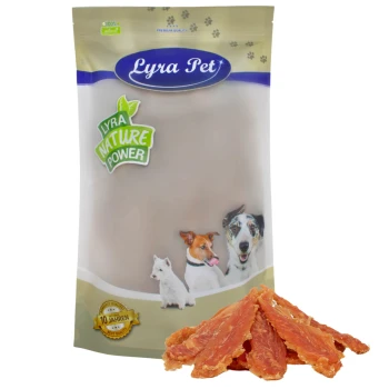 Hühnerbrust soft 1 kg Lyra Pet Hundekekse Verpackung mit einem beigen Beutel mit dem Logo "Lyra Nature Power", Bildern von Hunden und einer Katze sowie getrockneten Fleischstreifen vorne.