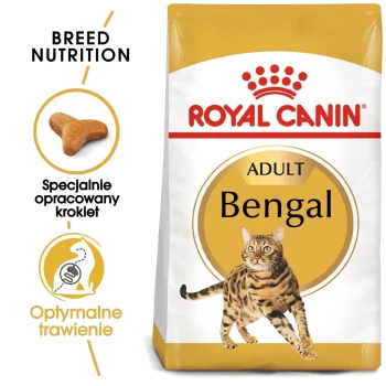 Torba z karmą dla kotów Royal Canin Adult Bengal z ilustracją kota bengalskiego, z tekstem podkreślającym odżywianie rasy i optymalne trawienie.